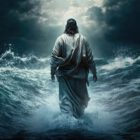 An Uplifting Tale Jesus Walking on Water Across the Sea of Galilee clouds and storm Generative AI